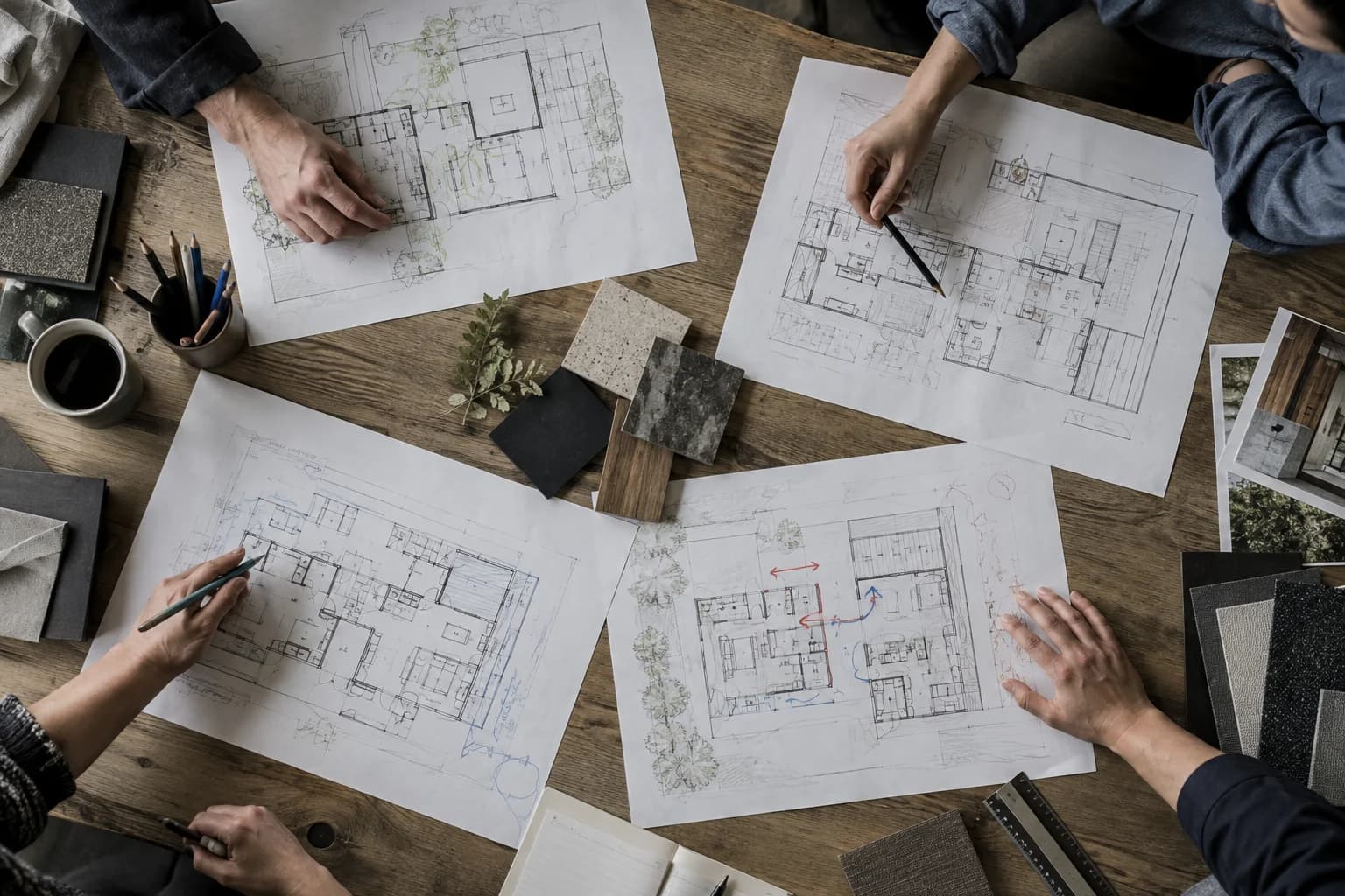 Illustrative overhead view of plans and material samples arranged for a collaborative review