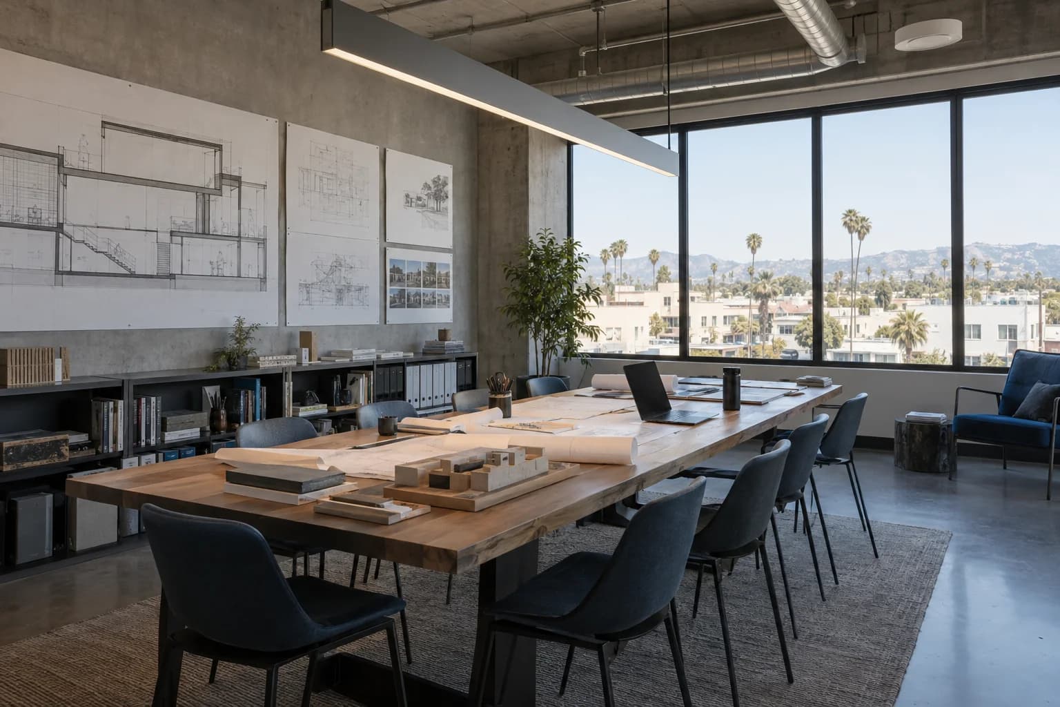 Illustrative professional planning studio with architectural drawings and a meeting table