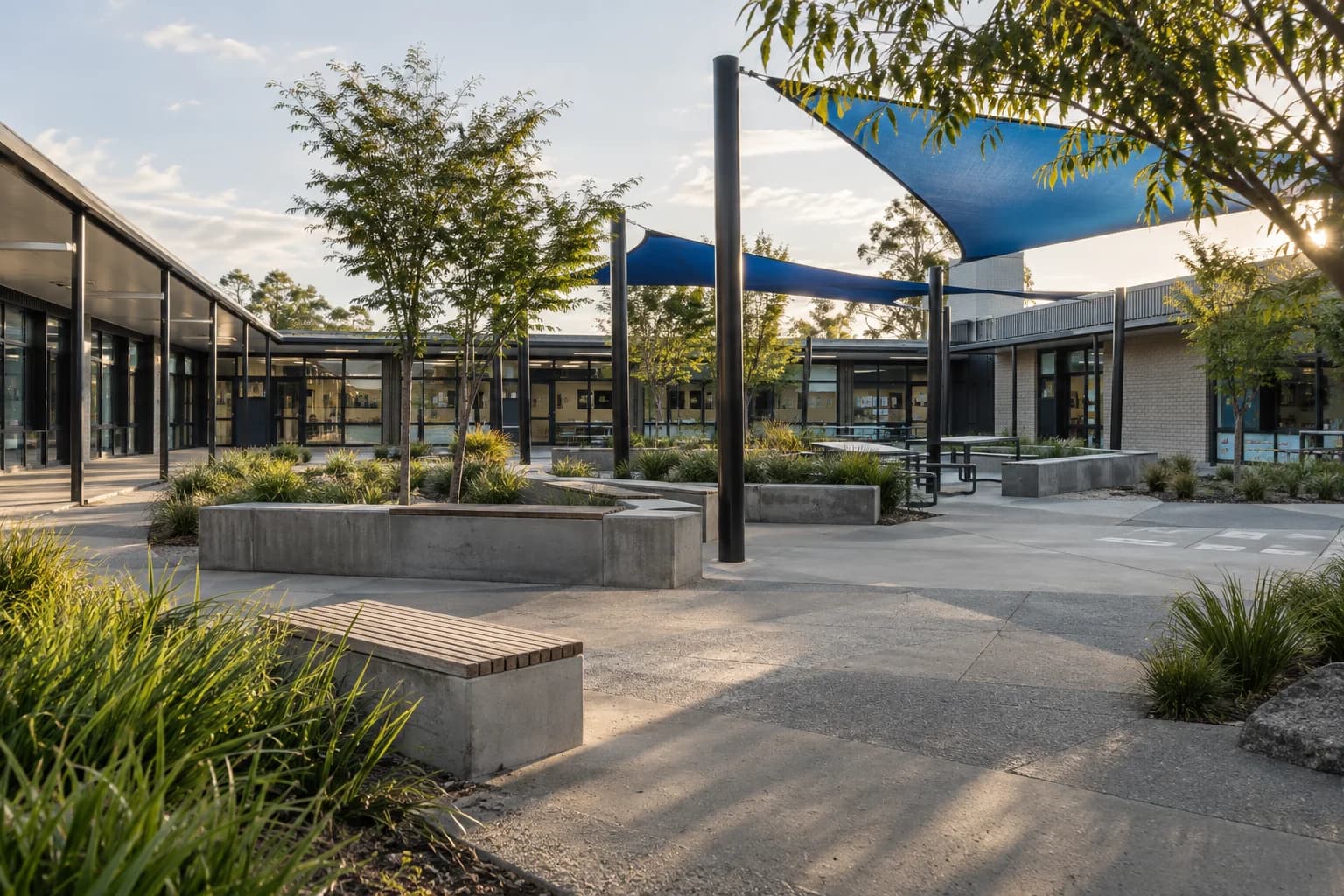 Illustrative school courtyard with blue shade canopies and native planting