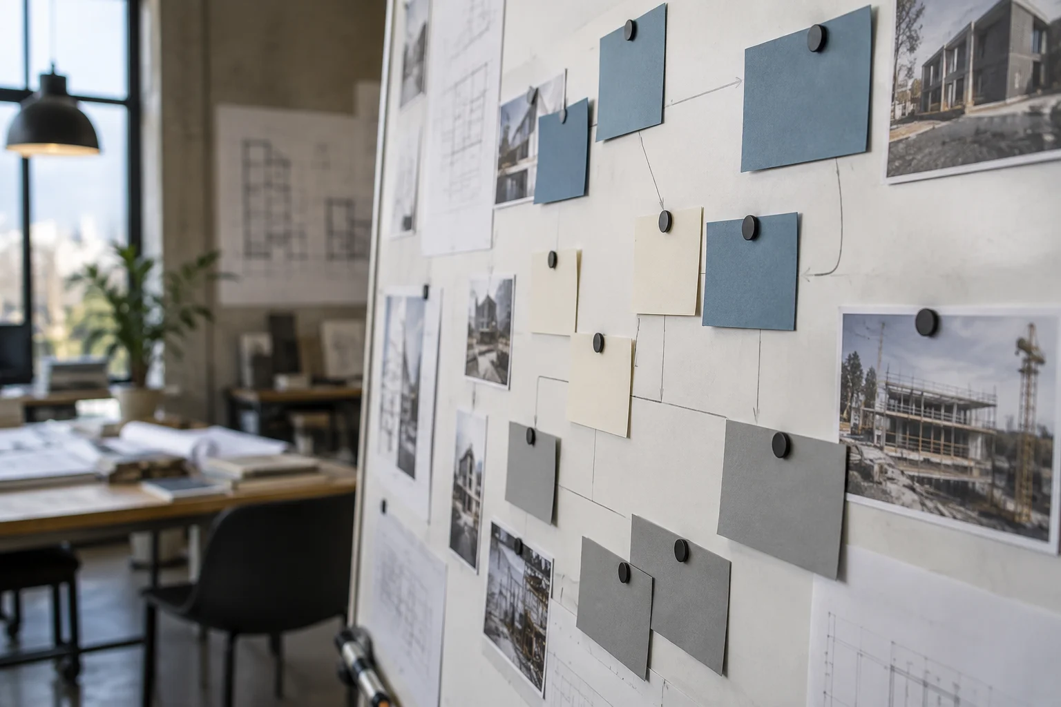 Illustrative project coordination board with grouped decision cards