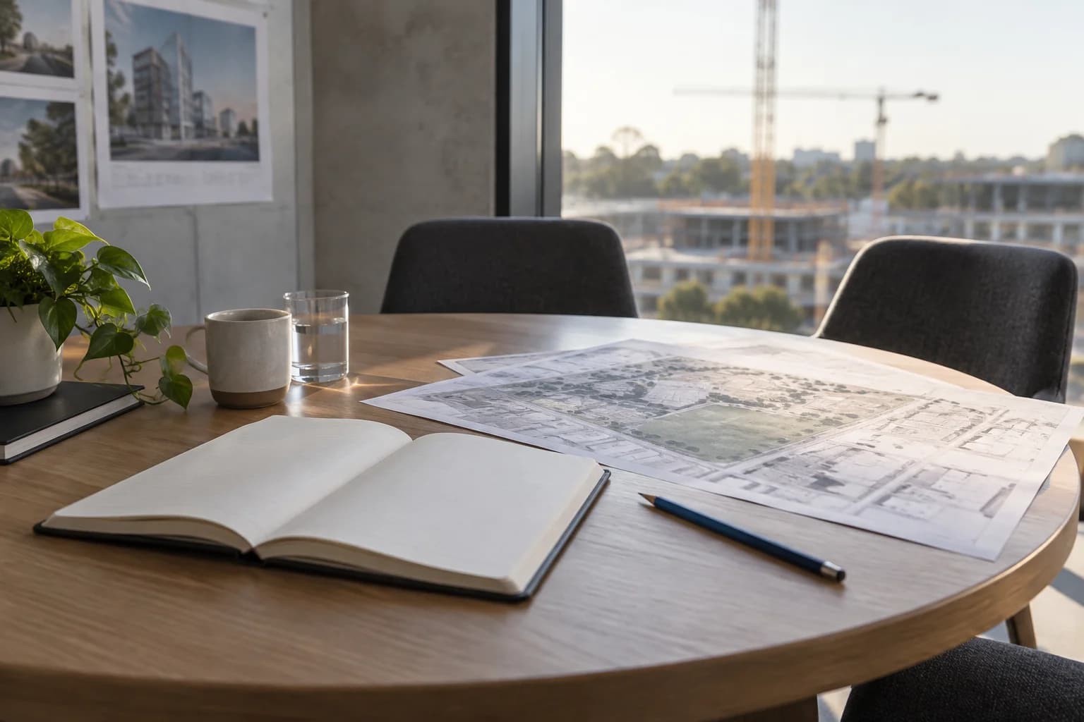 Illustrative meeting table with a notebook and site survey map