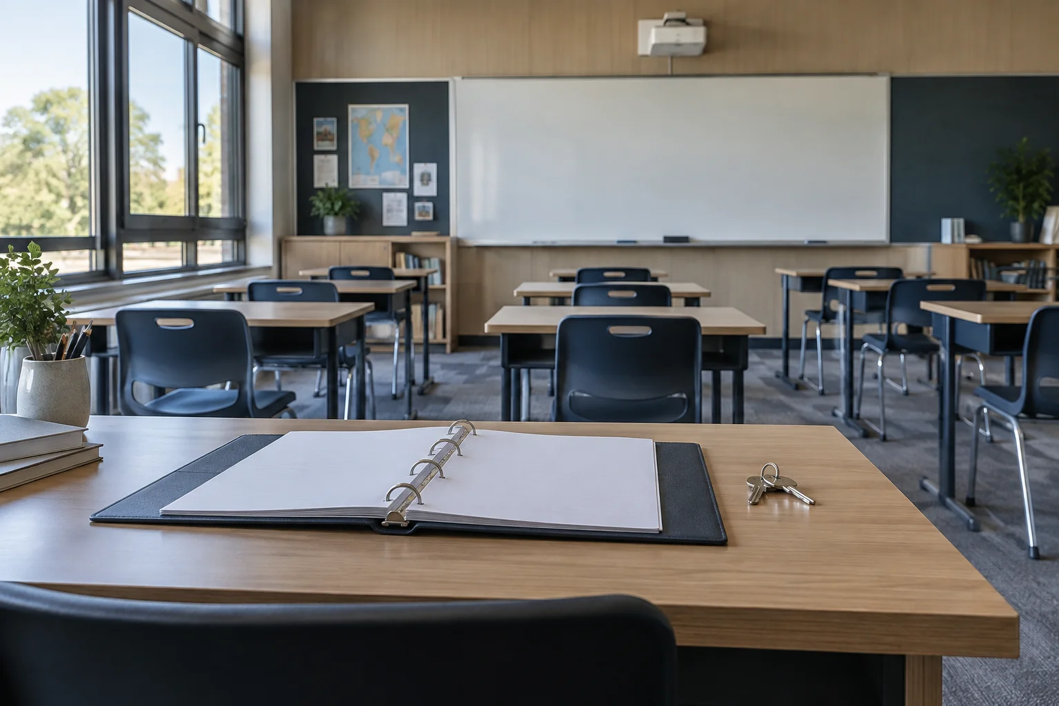 Illustrative classroom with a handover binder and keys on the teacher’s desk