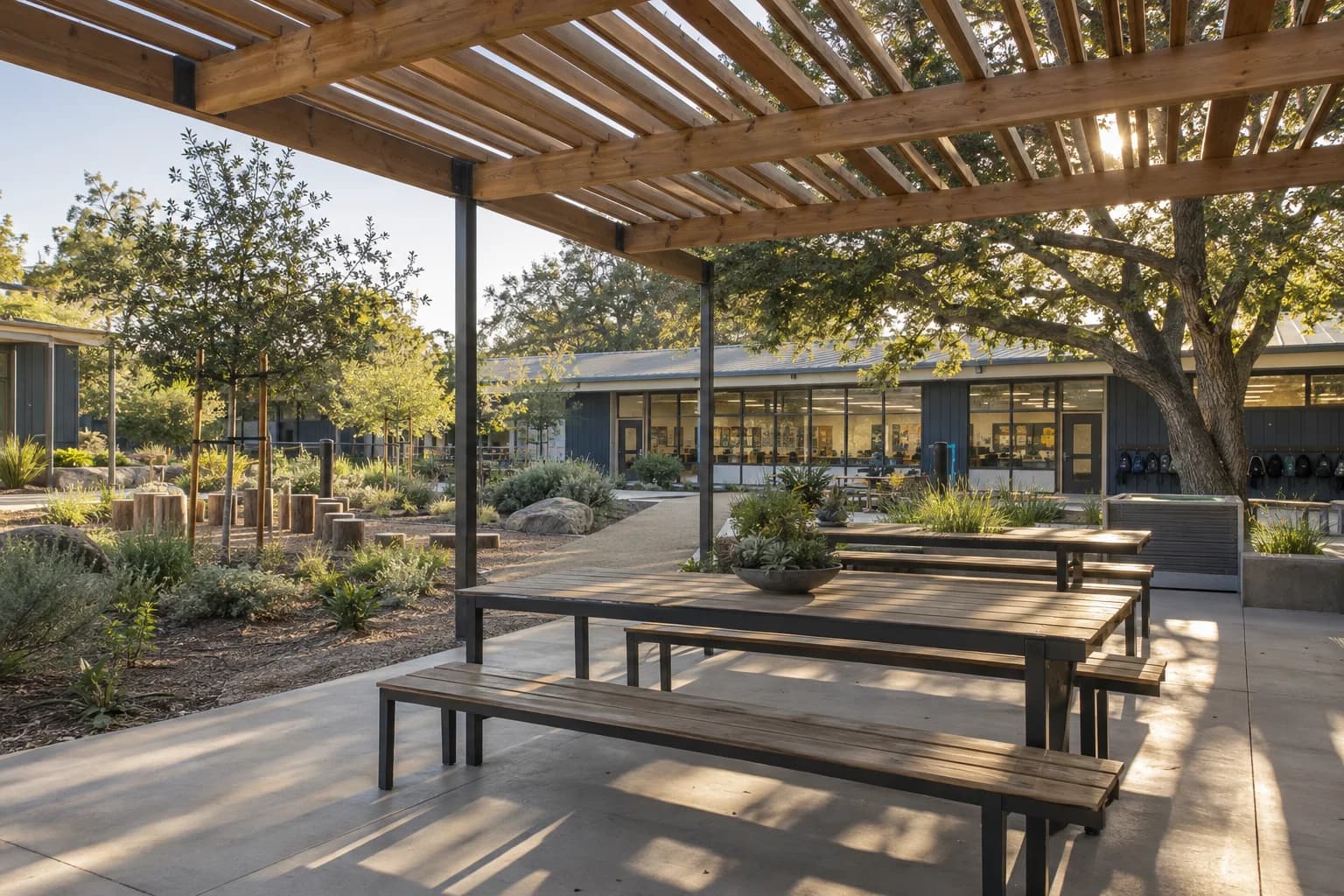 Illustrative outdoor learning garden with shaded benches and classroom glazing