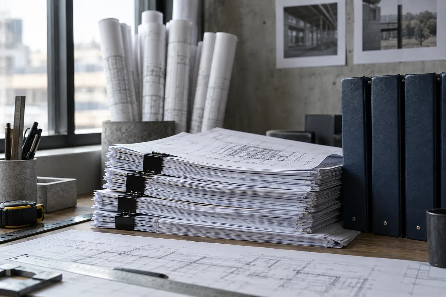 Illustrative bound drawing sets and specification binders organized for procurement