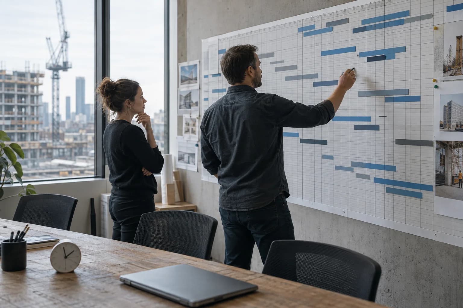 Illustrative project planning room with a wall of coordinated schedule strips