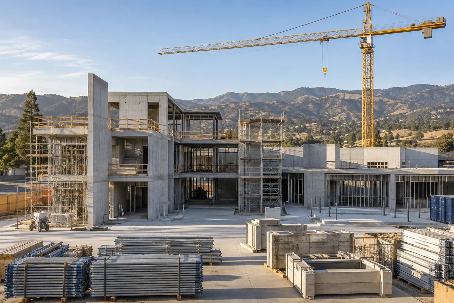 Illustrative school construction site with concrete structure, scaffolding and a crane