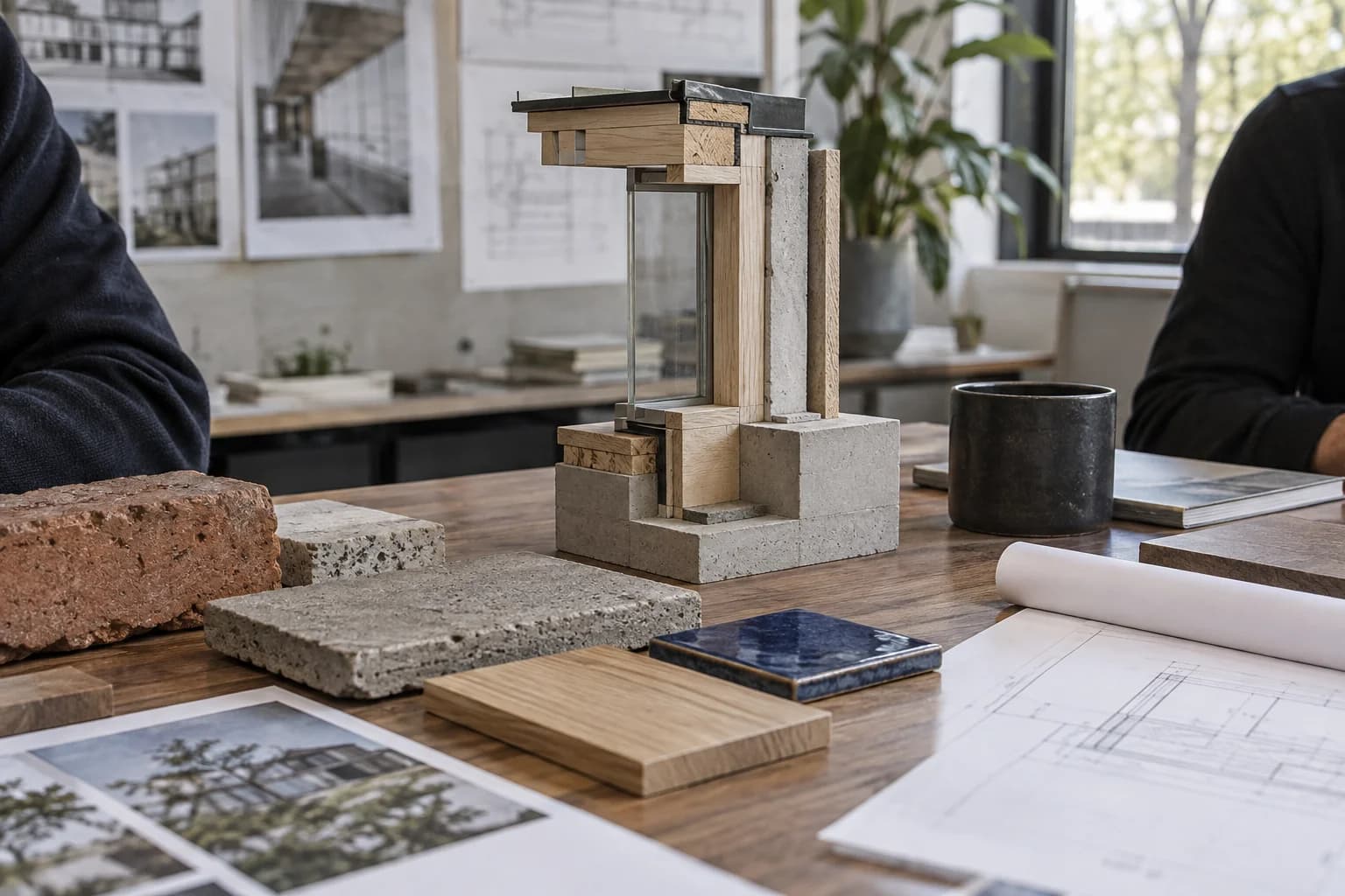 Illustrative building material samples and a section model on a consultant review table