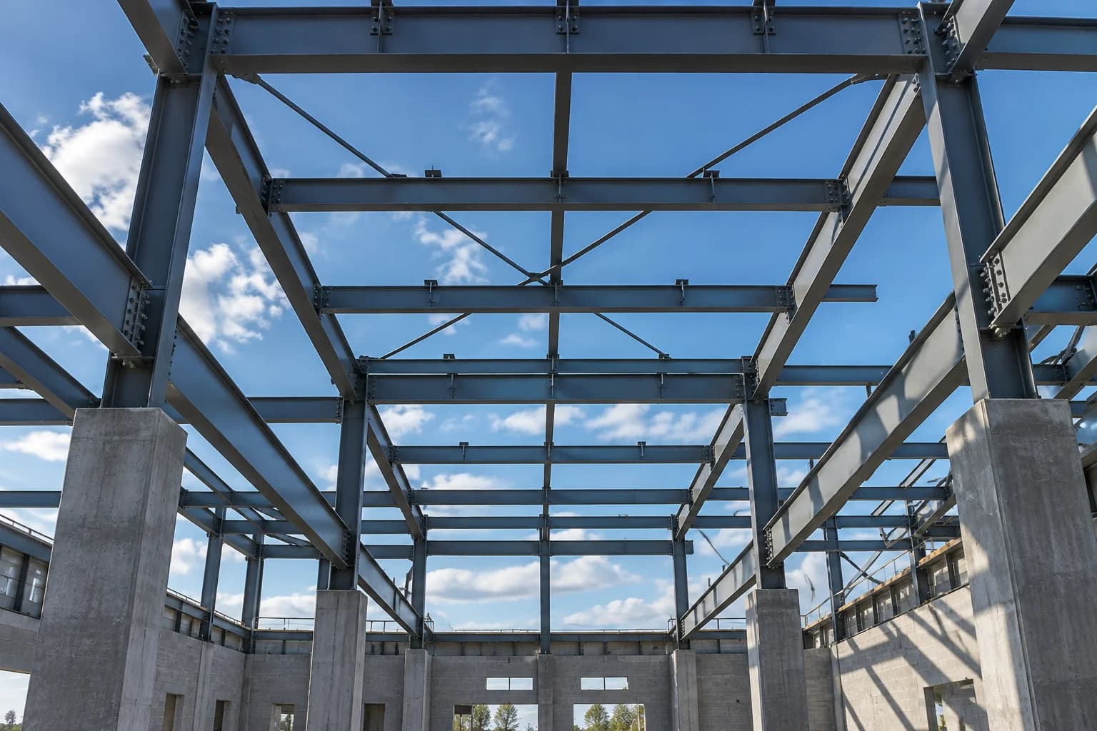 Illustrative structural steel beams and bolted connections framing the sky