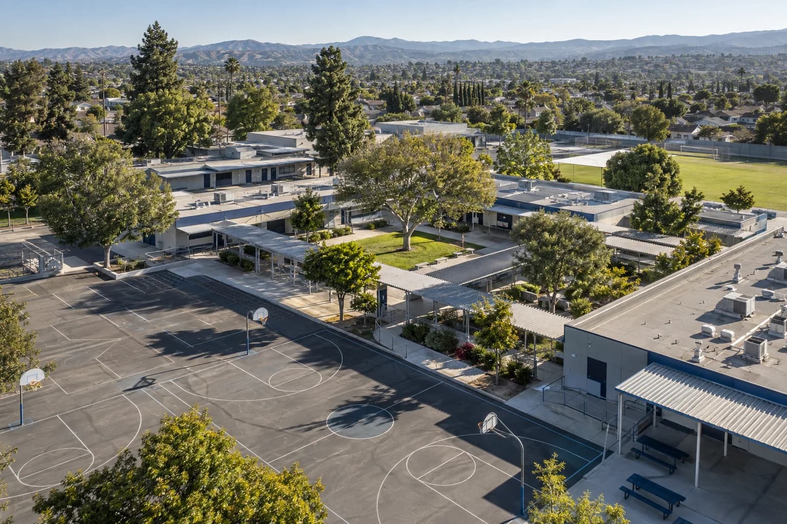 Illustrative aerial view of classroom wings, shaded walkways and school playgrounds