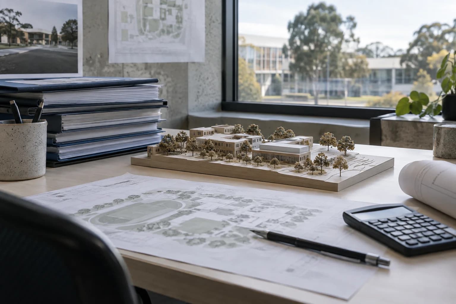 Illustrative facilities feasibility documents and a small building model beside a calculator