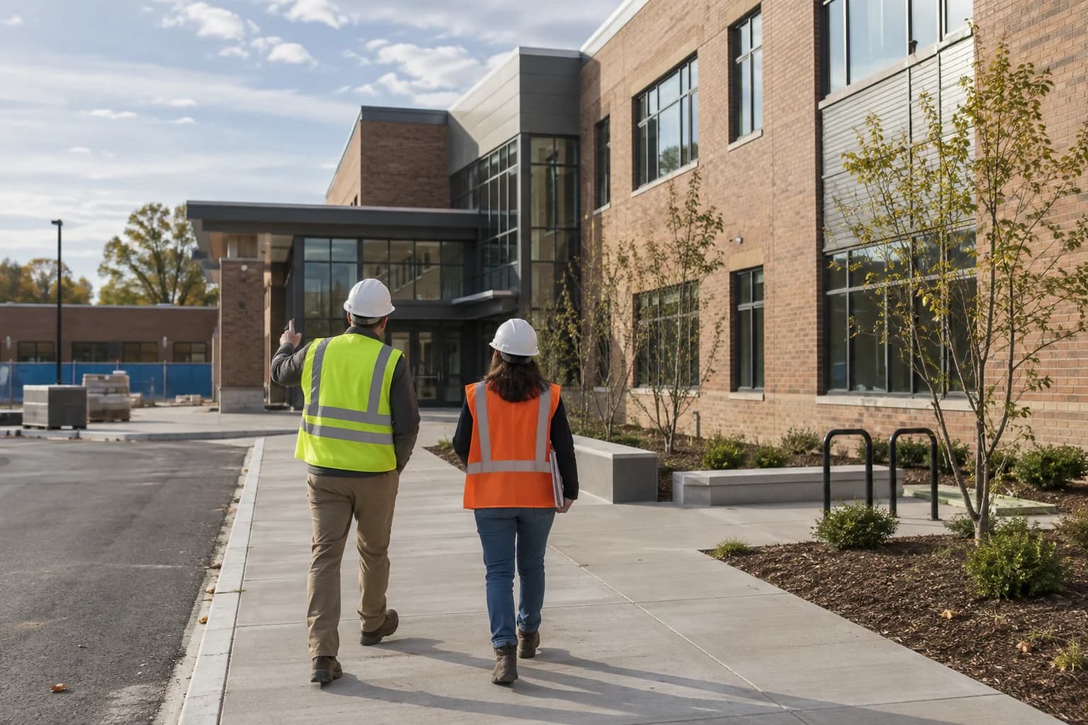 Illustrative two anonymous construction professionals walking beside a school building