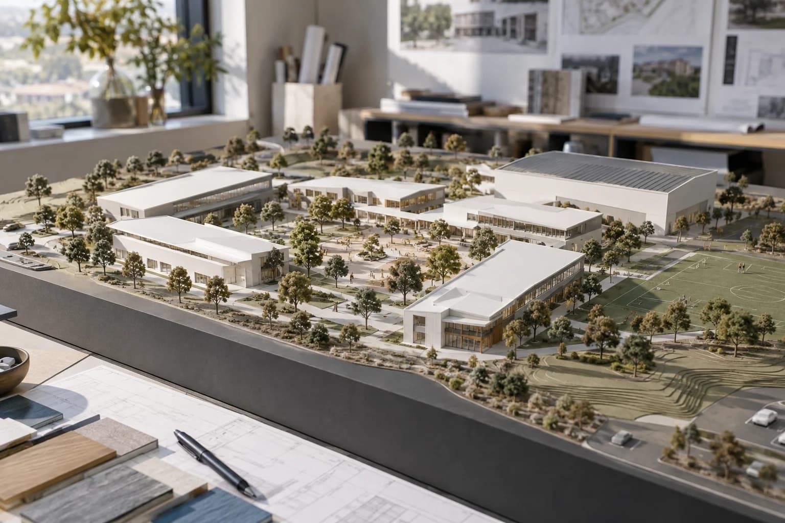 Illustrative architectural scale model showing several school buildings and connecting paths