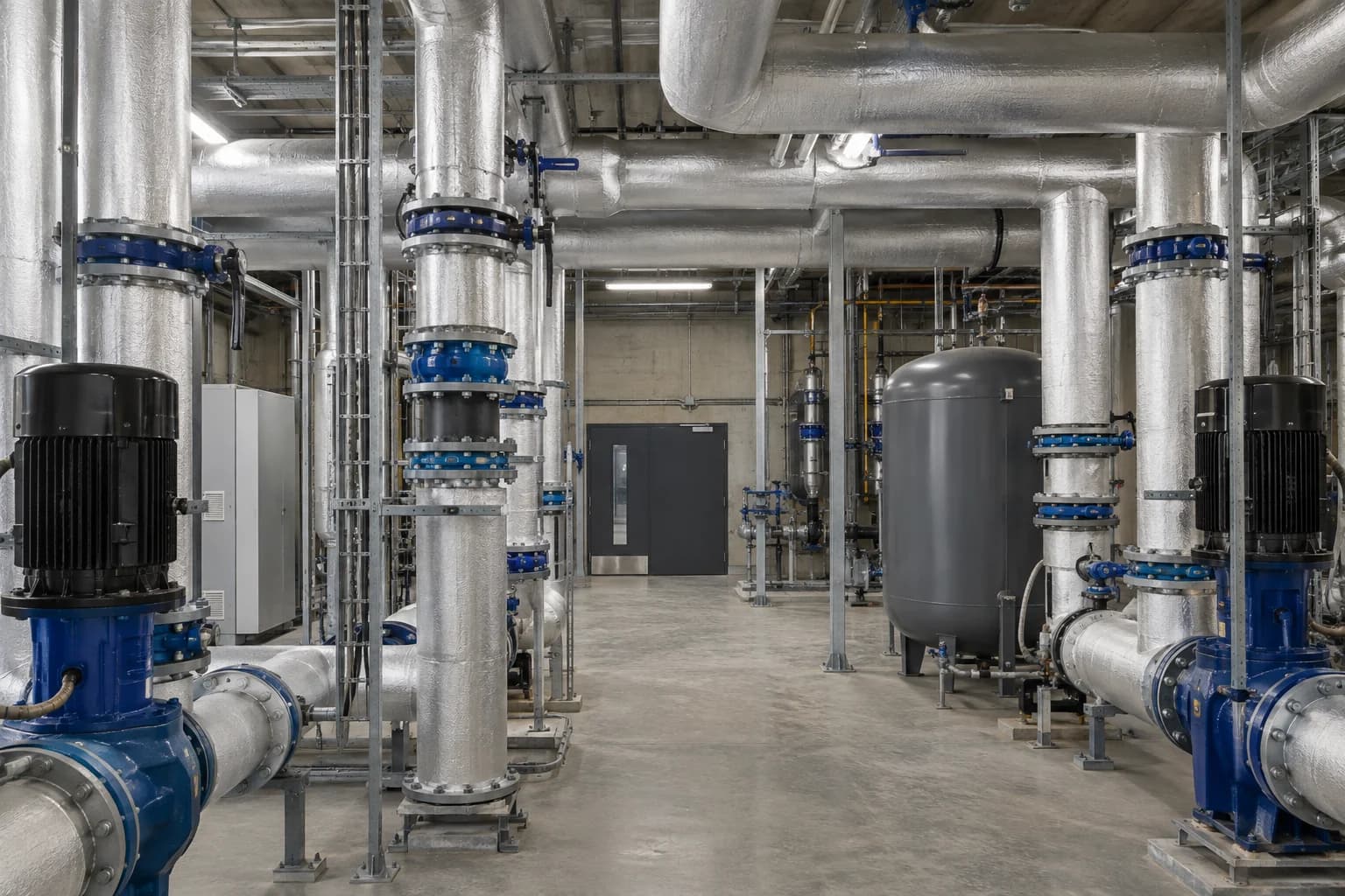 Illustrative completed mechanical room with neatly installed pipework and blue valves