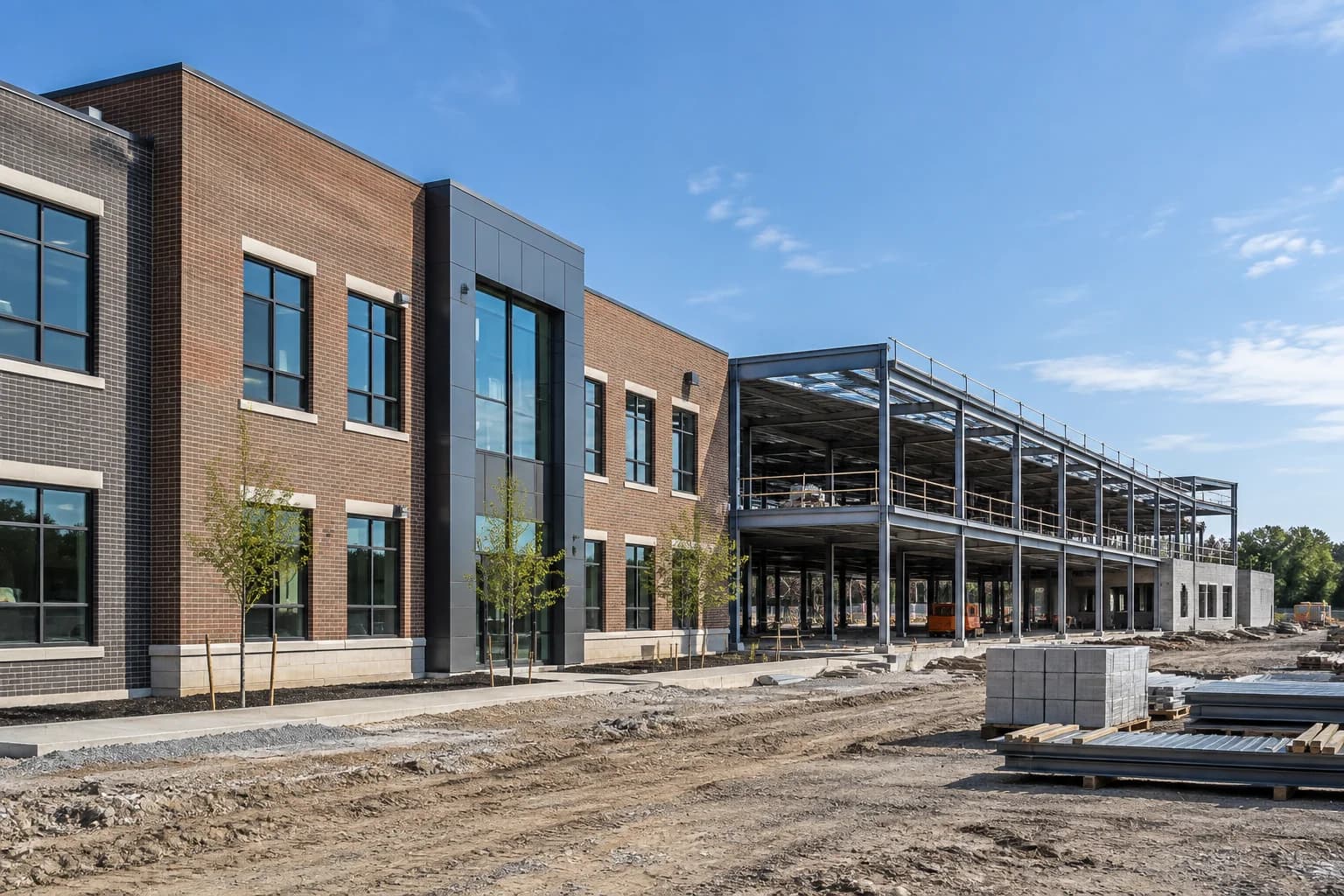 Illustrative school site with a completed classroom wing beside structural framing